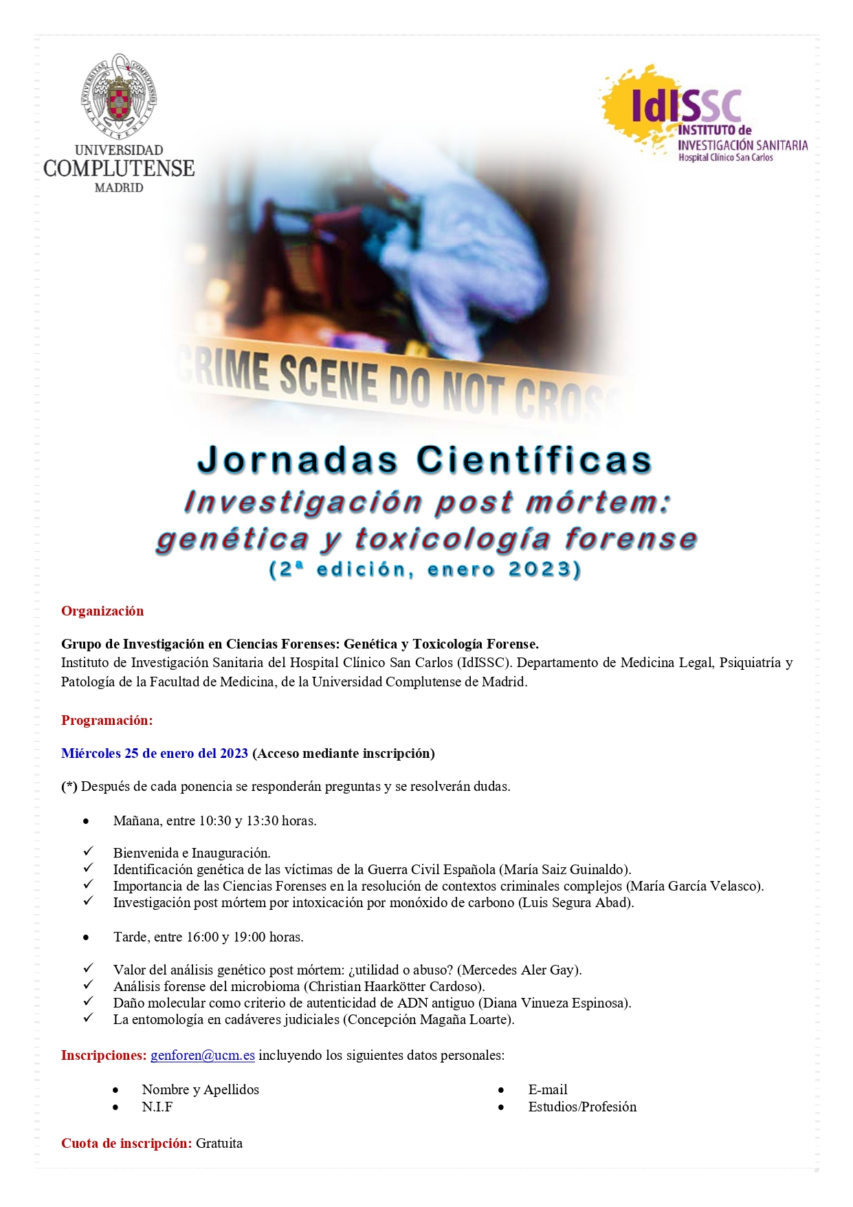 Jornadas científicas. Investigación post mortem: genética y toxicología forense.